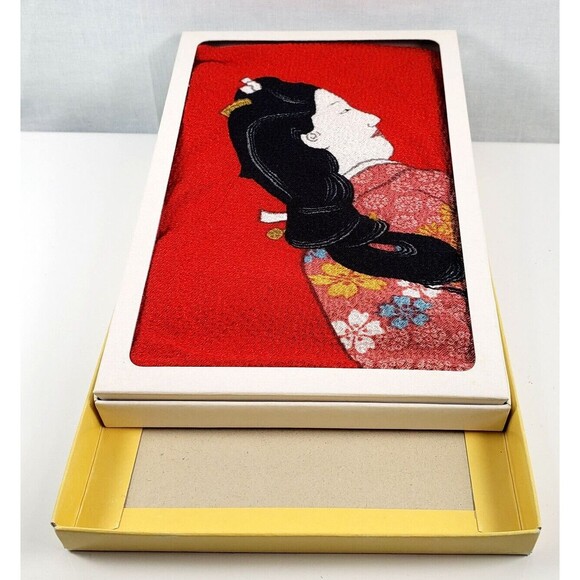 Vintage 1950's Hishikawa Moronobu Japanese Geisha Art Scarf Red Rayon Scarf - Picture 2 of 13